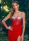 Red ASHLEYlauren 11616 Spaghetti Strap Gown with Beaded Corset Bustier, Press On Stone Embellishments, and Left Leg Slit