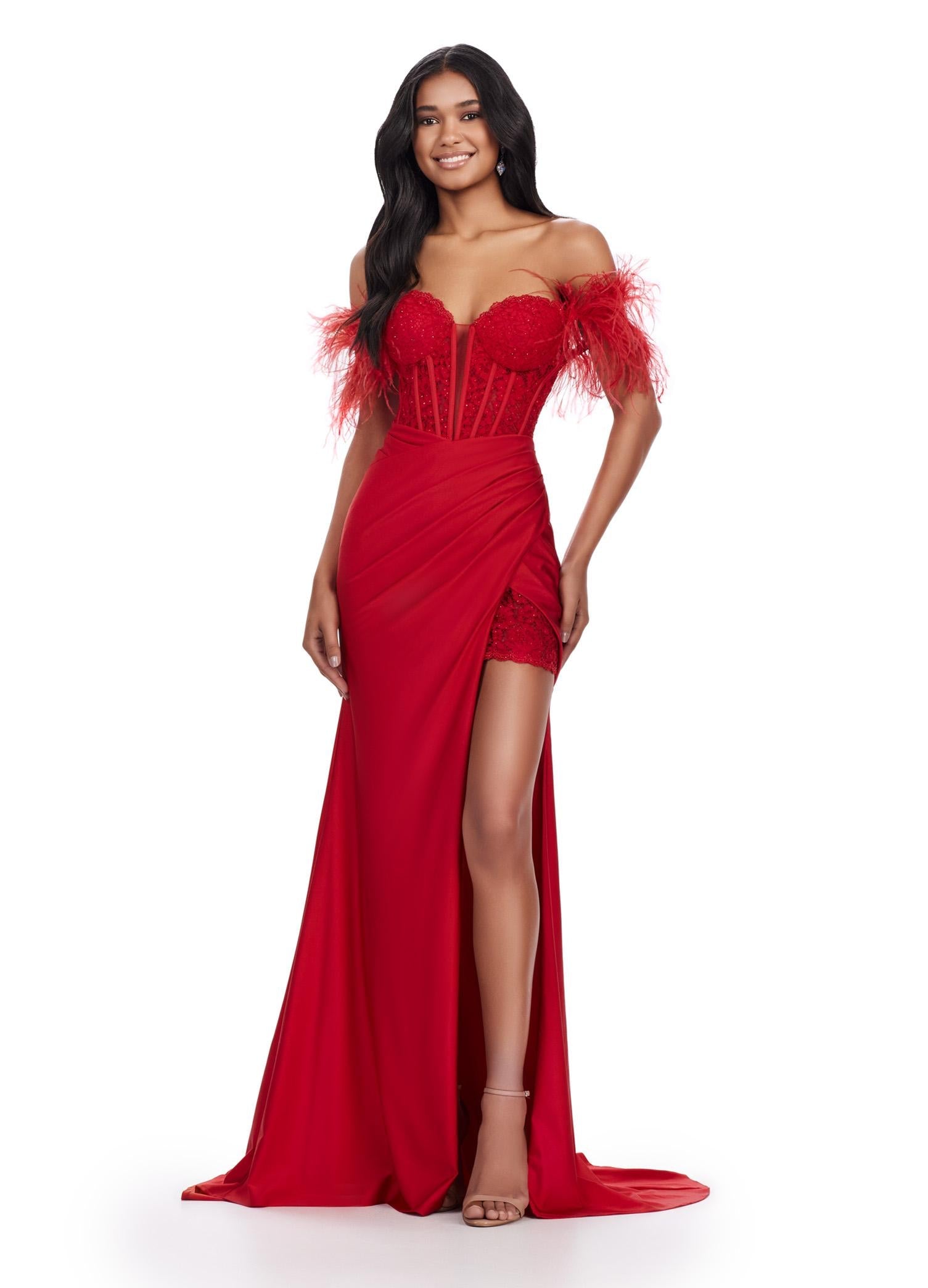 Red ASHLEYlauren 11618 Glamorous Embroidered Jersey Gown with Corset Bustier, Feathered Off Shoulder Straps, Lace Up Back, and Left Leg Slit