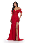 Red ASHLEYlauren 11618 Glamorous Embroidered Jersey Gown with Corset Bustier, Feathered Off Shoulder Straps, Lace Up Back, and Left Leg Slit