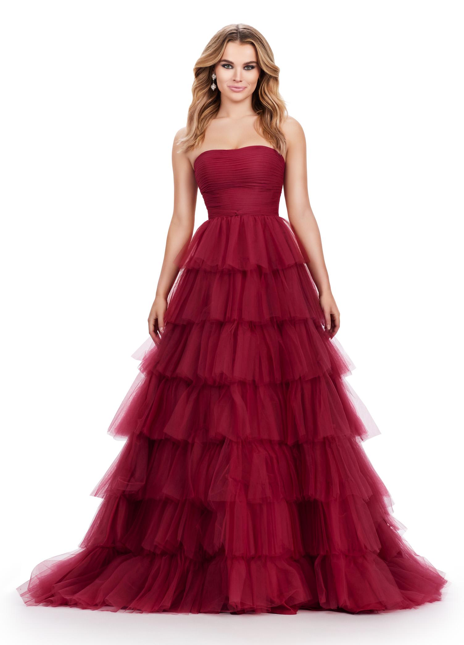 Red ASHLEYlauren 11621 Strapless Tulle Ball Gown with Ruched Bustier and Layered Multi-Tiered Skirt