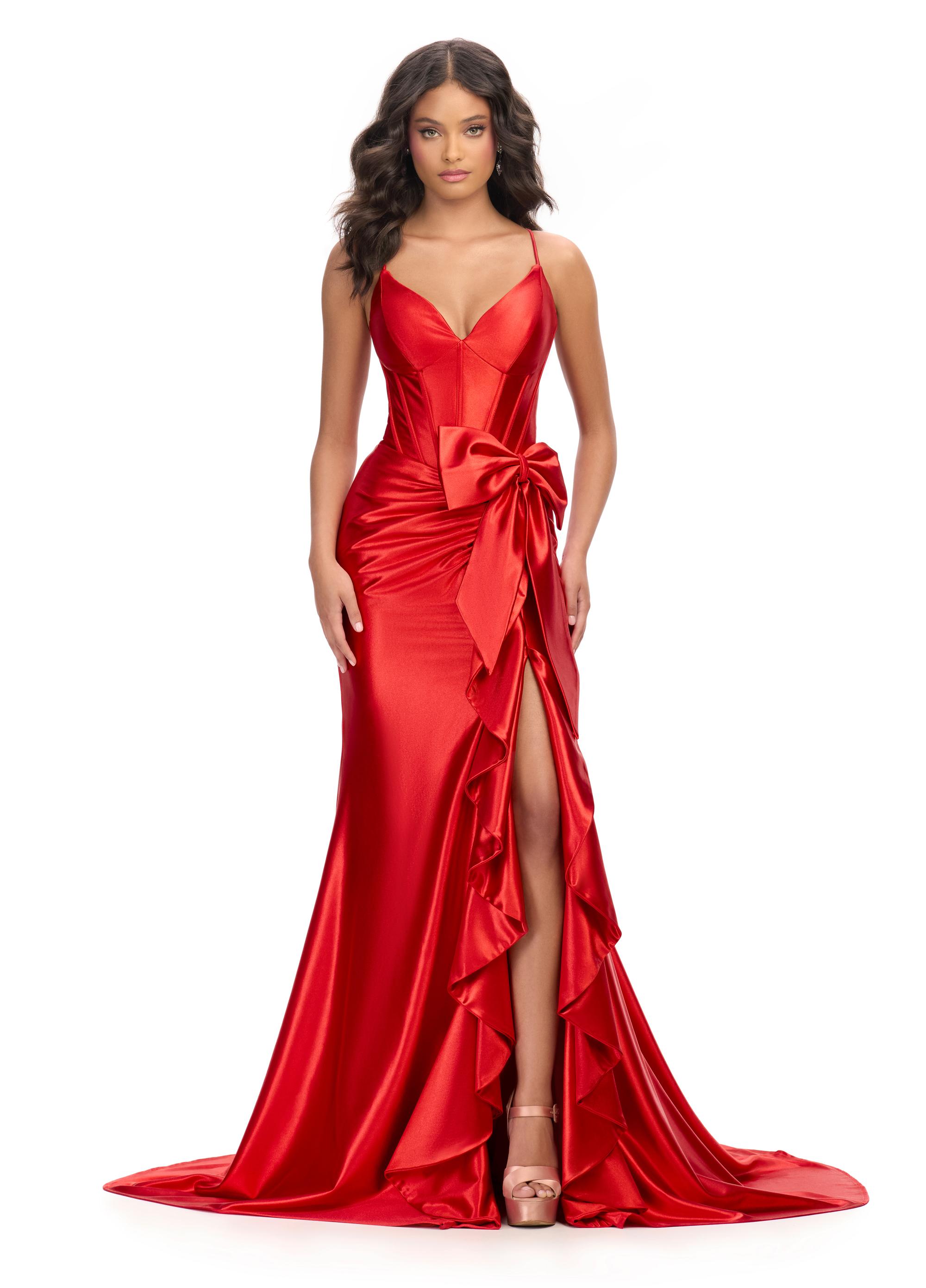 Red ASHLEYlauren 11638 Edgy Shimmer Jersey Gown with Spaghetti Straps, Structured Corset Bustier, Statement Bow and Ruffle Accent, and Lace Up Back