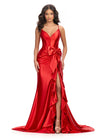 Red ASHLEYlauren 11638 Edgy Shimmer Jersey Gown with Spaghetti Straps, Structured Corset Bustier, Statement Bow and Ruffle Accent, and Lace Up Back