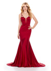 Red ASHLEYlauren 11644 Fitted Satin Gown with Corset Bustier, Illusion V-Neckline, Spaghetti Straps, and Beaded Accents