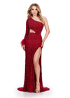 Red ASHLEYlauren 11649 One Shoulder Fully Beaded Gown with Intricate Beading, Side Cut Out, Feather Cuff Detail, Left Leg Slit, and Sweep Train