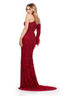 Back view. Red ASHLEYlauren 11649 One Shoulder Fully Beaded Gown with Intricate Beading, Side Cut Out, Feather Cuff Detail, Left Leg Slit, and Sweep Train