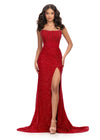 Red ASHLEYlauren 11659 fully beaded gown featuring a strapless corset bustier, asymmetrical waistline to accentuate curves, fitted silhouette, left leg slit, and horsehair trim for an elegant and glamorous look.