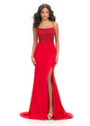 Red ASHLEYlauren 11664 fitted jersey gown featuring a fully beaded corset bustier, spaghetti straps, lace-up back, ruched waist detailing, and a left leg slit for a sleek and glamorous look.