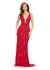 Red ASHLEYlauren 11669 Fully Beaded Gown with Illusion V-Neckline, Sheer Side Cut Outs, Low V-Back, and Fitted Silhouette