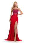 Red ASHLEYlauren 11690 Glamorous Strapless Gown with Exposed Corset Boning Encrusted in Press On Stones, Ruched Skirt, and Left Leg Slit