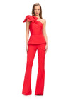 Red ASHLEYlauren 11699 Scuba Jumpsuit with One Shoulder Neckline, Statement Oversized Bow, and Structured Peplum Waist