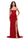 Red ASHLEYlauren 11711 elegant gown featuring a fully hand-beaded bodice, spaghetti straps, corset bustier, illusion neckline, and a left leg slit for a glamorous and sophisticated look.