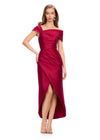 Red ASHLEYlauren 11719 Elegant Off Shoulder Taffeta Gown with Draped Ruched Bodice, Curve-Enhancing Wrap Skirt, and Centre Front Slit