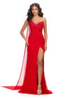 Red ASHLEYlauren 11736 glamorous one shoulder gown featuring press-on stone embellishments, a dramatic one shoulder cape, and a left leg slit for an elegant and show-stopping look.
