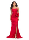 Red ASHLEYlauren 11752 bold strapless taffeta gown featuring a corset bustier, oversized flower detail at the hip, left leg slit, and elegant sweep train for a show-stopping silhouette.