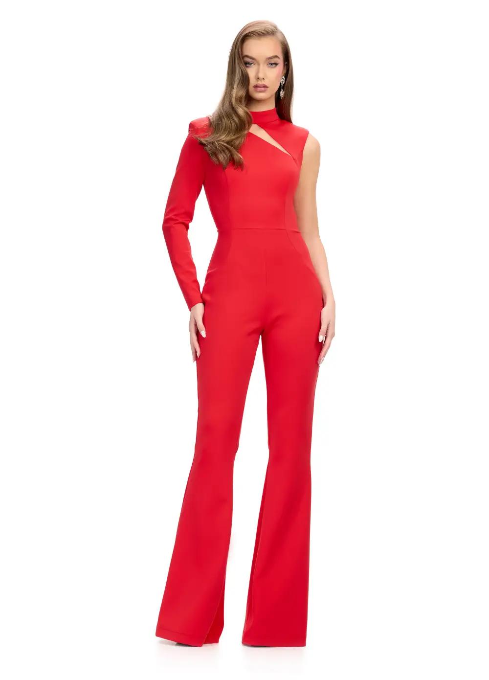 Red ASHLEYlauren 11764 One Shoulder Scuba Jumpsuit with High Neckline, Single Sleeve, Glamorous Cut Out, and Sleek Silhouette