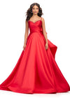 Red ASHLEYlauren 11769 stunning satin gown featuring a sweetheart neckline adorned with crystal details, ruched wrap bodice, dramatic oversized bow, and an A-line ball gown skirt for a glamorous and elegant look.