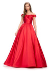 Red ASHLEYlauren 11771 elegant Mikado A-line ball gown featuring an off shoulder neckline, unique floral detailing, and a full ball gown skirt for a romantic and sophisticated look.