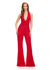 Red ASHLEYlauren 11775 standout jumpsuit featuring a halter neckline, illusion deep V-neckline adorned with crystal press-on stones, and a sleek silhouette for a bold and glamorous look.