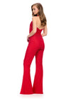 Back. Red ASHLEYlauren 11775 standout jumpsuit featuring a halter neckline, illusion deep V-neckline adorned with crystal press-on stones, and a sleek silhouette for a bold and glamorous look.