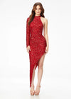 Red ASHLEYlauren 1975 stylish beaded dress featuring a high neckline, one sleeve, and an asymmetrical hemline for a bold and head-turning look.