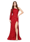 Red ASHLEYlauren 1977 fitted hand-beaded dress featuring a one shoulder long sleeve, left leg slit, and a horsehair hem for an elegant and sophisticated look.