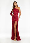 Red ASHLEYlauren 1977 fitted hand-beaded dress featuring a one shoulder long sleeve, left leg slit, and a horsehair hem for an elegant and sophisticated look.