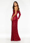 Red ASHLEYlauren 1977 fitted hand-beaded dress featuring a one shoulder long sleeve, left leg slit, and a horsehair hem for an elegant and sophisticated look. Back