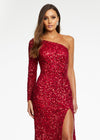 Red ASHLEYlauren 1977 fitted hand-beaded dress featuring a one shoulder long sleeve, left leg slit, and a horsehair hem for an elegant and sophisticated look.