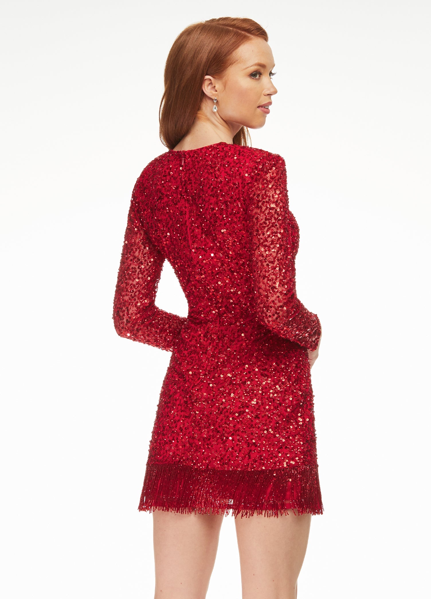 Back - ASHLEYlauren 4438 – A sassy and classy fully hand-beaded long sleeve cocktail dress featuring a fitted skirt with fringe detail along the left leg slit and hemline. Perfect for making a bold, elegant statement at any event.