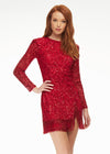 ASHLEYlauren 4438 – A sassy and classy fully hand-beaded long sleeve cocktail dress featuring a fitted skirt with fringe detail along the left leg slit and hemline. Perfect for making a bold, elegant statement at any event.