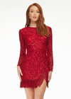 ASHLEYlauren 4438 – A sassy and classy fully hand-beaded long sleeve cocktail dress featuring a fitted skirt with fringe detail along the left leg slit and hemline. Perfect for making a bold, elegant statement at any event.