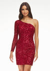 Red ASHLEYlauren 4457 fully hand-beaded cocktail dress featuring a one shoulder sleeve and a fitted skirt for a sleek and glamorous silhouette.