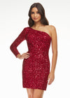 Red ASHLEYlauren 4457 fully hand-beaded cocktail dress featuring a one shoulder sleeve and a fitted skirt for a sleek and glamorous silhouette.
