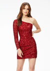 Red ASHLEYlauren 4457 fully hand-beaded cocktail dress featuring a one shoulder sleeve and a fitted skirt for a sleek and glamorous silhouette.