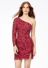 Red ASHLEYlauren 4498 fitted one shoulder cocktail dress featuring an intricate peacock-inspired sequin bead pattern, single sleeve, and a front left leg slit for a bold and elegant look.