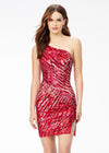 Red ASHLEYlauren 4509 hand-beaded cocktail dress featuring a one shoulder neckline, illusion side cut-out, perfectly placed bead pattern to accentuate curves, a fitted skirt, and full zipper back for a glamorous and elegant look.