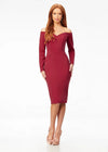 Red ASHLEYlauren 4514 elegant off shoulder scuba gown featuring long sleeves, a tea-length fitted skirt, high back with exposed zipper, and back center vent for a sophisticated and timeless look.
