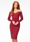 Red ASHLEYlauren 4514 elegant off shoulder scuba gown featuring long sleeves, a tea-length fitted skirt, high back with exposed zipper, and back center vent for a sophisticated and timeless look.