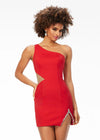 Red ASHLEYlauren 4516 one shoulder scuba cocktail dress featuring an illusion cut-out at the waistline, left leg slit embellished with crystal detailing, and a sleek, fitted silhouette for a modern and elegant look.