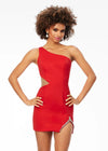 Red ASHLEYlauren 4516 one shoulder scuba cocktail dress featuring an illusion cut-out at the waistline, left leg slit embellished with crystal detailing, and a sleek, fitted silhouette for a modern and elegant look.