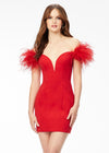 Red ASHLEYlauren 4523 off shoulder scuba cocktail dress featuring a sweetheart neckline, feather details, and signature contour seaming for a flattering and elegant silhouette.