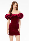 Red ASHLEYlauren 4528 off shoulder stretch velvet cocktail dress featuring an oversized ruffle detail and contoured seaming throughout the fitted skirt for a chic, curve-enhancing look.