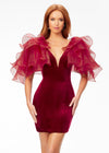 Red ASHLEYlauren 4529 fitted velvet cocktail dress featuring a V-neckline, V-back, multi-tiered organza ruffle details with scattered crystals, and contour seaming for a glamorous, curve-enhancing look.