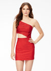 Red ASHLEYlauren 4533 one shoulder jersey cocktail dress featuring an asymmetrical cut-out side, heat set stone embellishments, and a fitted skirt for a bold and glamorous look.