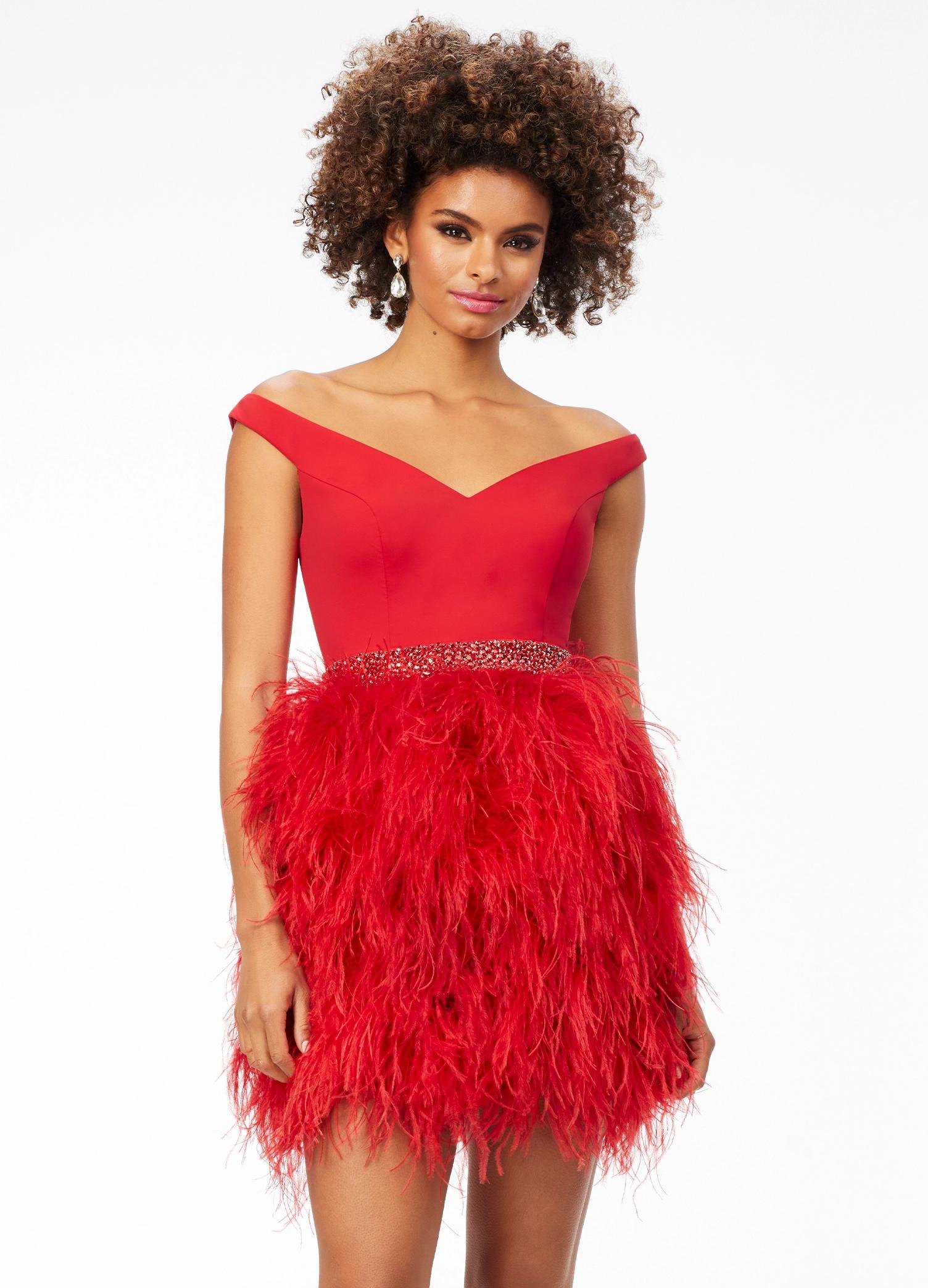 Red ASHLEYlauren 4536 off shoulder cocktail dress featuring a sweetheart neckline, crystal-encrusted belt, and a fitted fully feather skirt for a glamorous and elegant look.