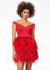 Red ASHLEYlauren 4536 off shoulder cocktail dress featuring a sweetheart neckline, crystal-encrusted belt, and a fitted fully feather skirt for a glamorous and elegant look.