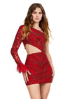 Red ASHLEYlauren 4565 fully beaded cocktail dress featuring a one sleeve design, modern waist cut-out, and feather accents at the wrist for a bold and glamorous look.