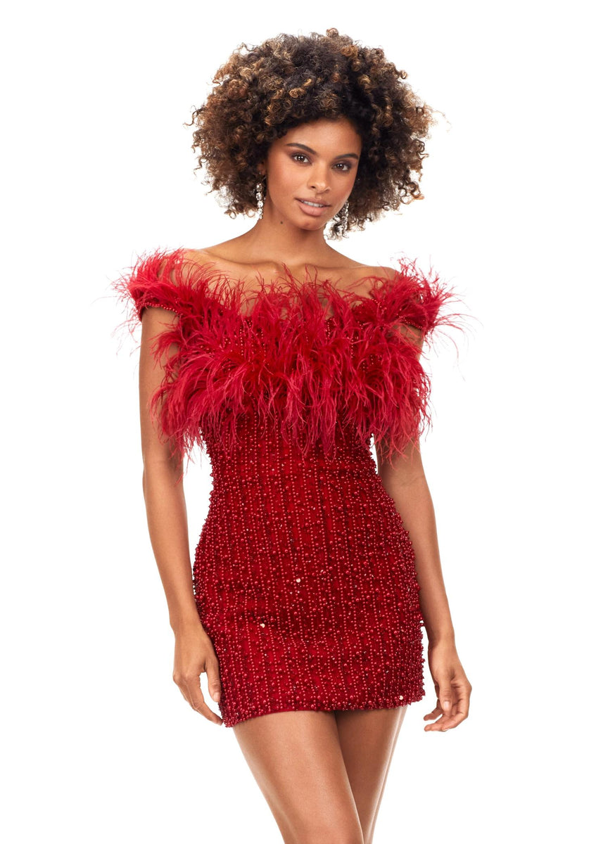 ASHLEYlauren 4566 Off Shoulder Beaded Cocktail Dress