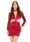 Red ASHLEYlauren 4583 liquid beaded cocktail dress featuring a V-neckline, dramatic cut-outs, long sleeves, and a fitted silhouette for a bold and head-turning look.