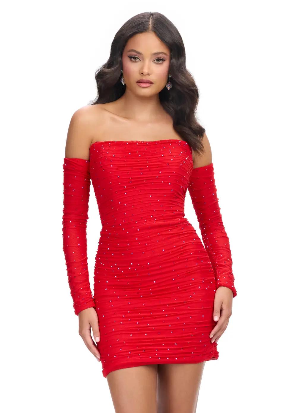 Red ASHLEYlauren 4598 form-fitting strapless cocktail dress featuring elegant ruching, detachable sleeves, and heat-set stones for a glamorous and versatile statement look.